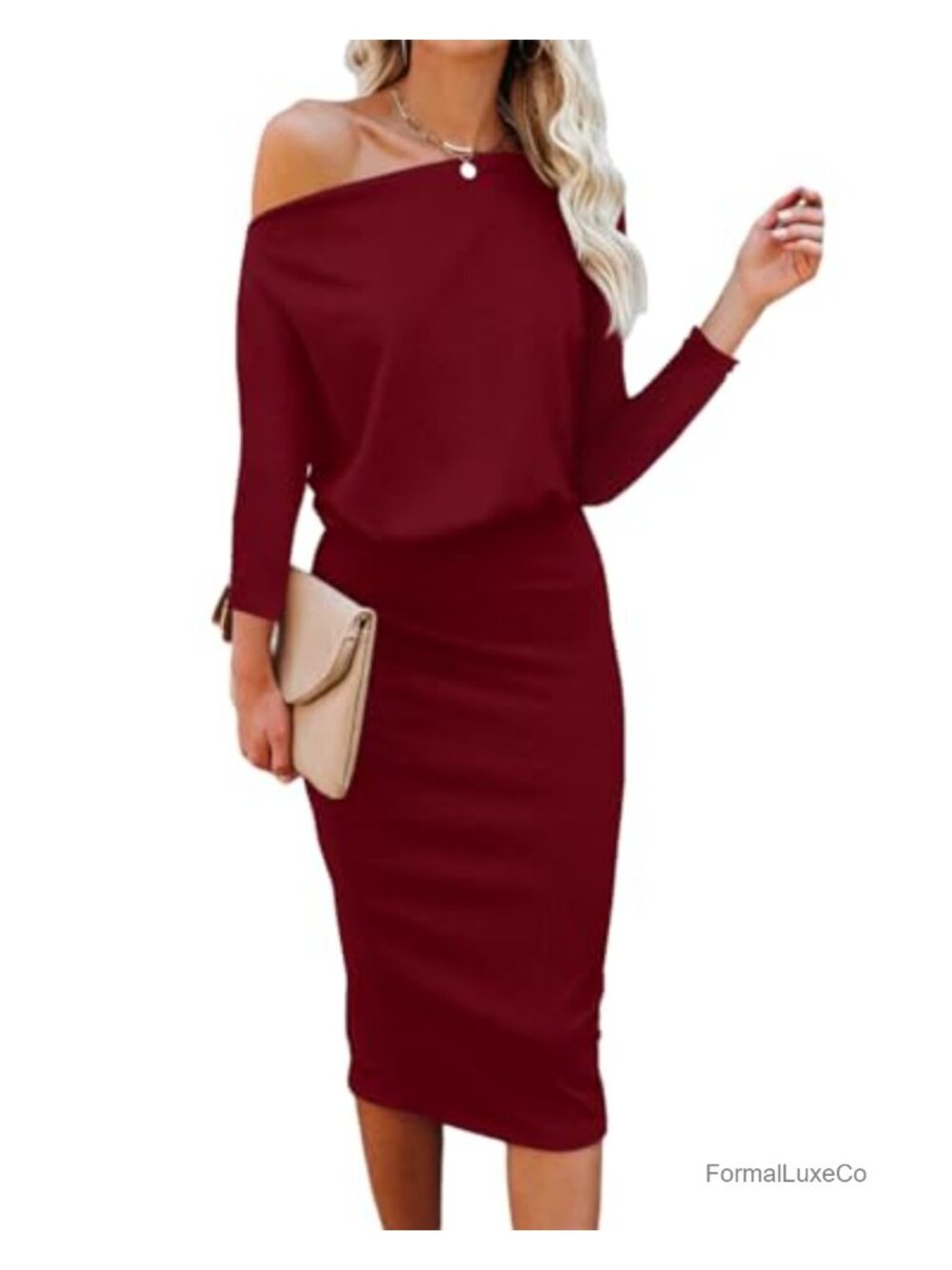 Off Shoulder Batwing 3/4 Sleeve Wrap Midi Dress Work Party Pencil